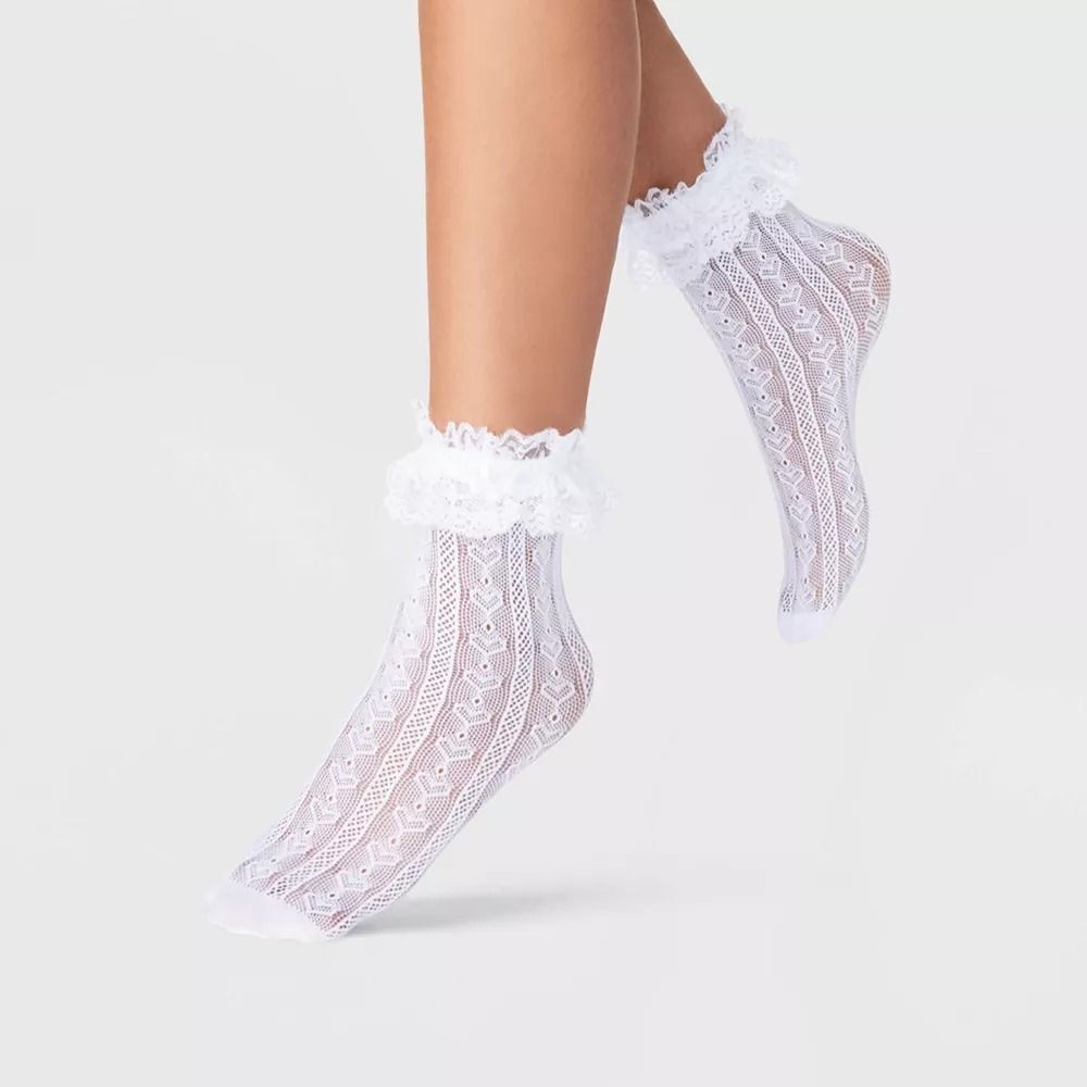 Women's Knit Heart Sheer Anklet Socks with Lace Ruffle - A New Day White 4-10
